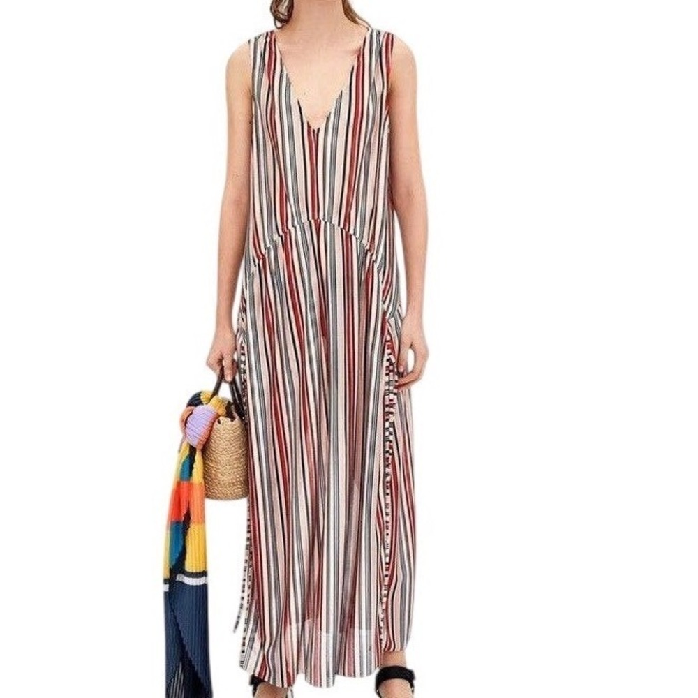 ZARA‎ TRF Sleeveless Striped Printed Multicolor w/ Side Slits Maxi Dress Size M